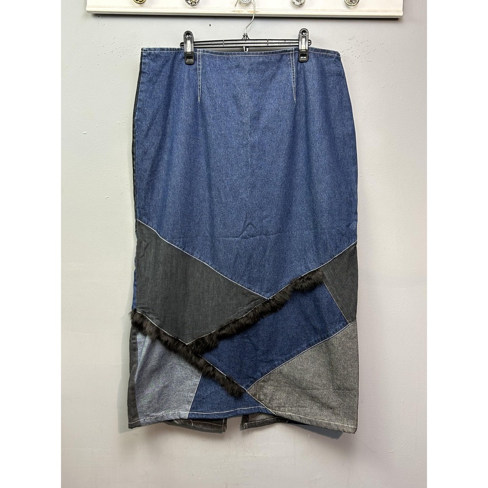 Erica‎ Brooke Collection Skirt Womens 16 Blue Denim Patchwork Fur Trim Long Plus